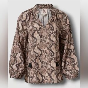 Figue Lilah Beige Snakeskin Print Blouse Womens Medium Long Puff Sleeves Tassel